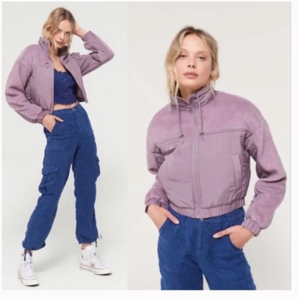 Urban Outfitters Jessica Mixed Media Cropped Fleece Jacket Purple Size Small